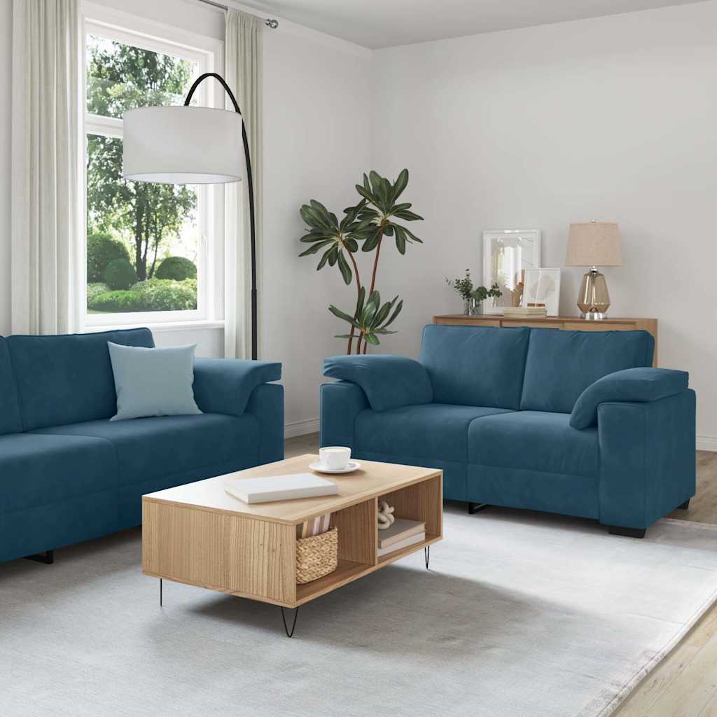 3-tlg. Sofagarnitur mit Kissen Blau Samt