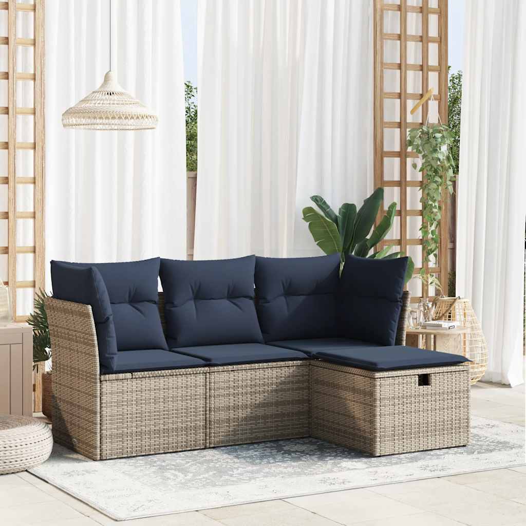 4-tlg. Garten-Sofagarnitur mit Kissen Grau Poly Rattan