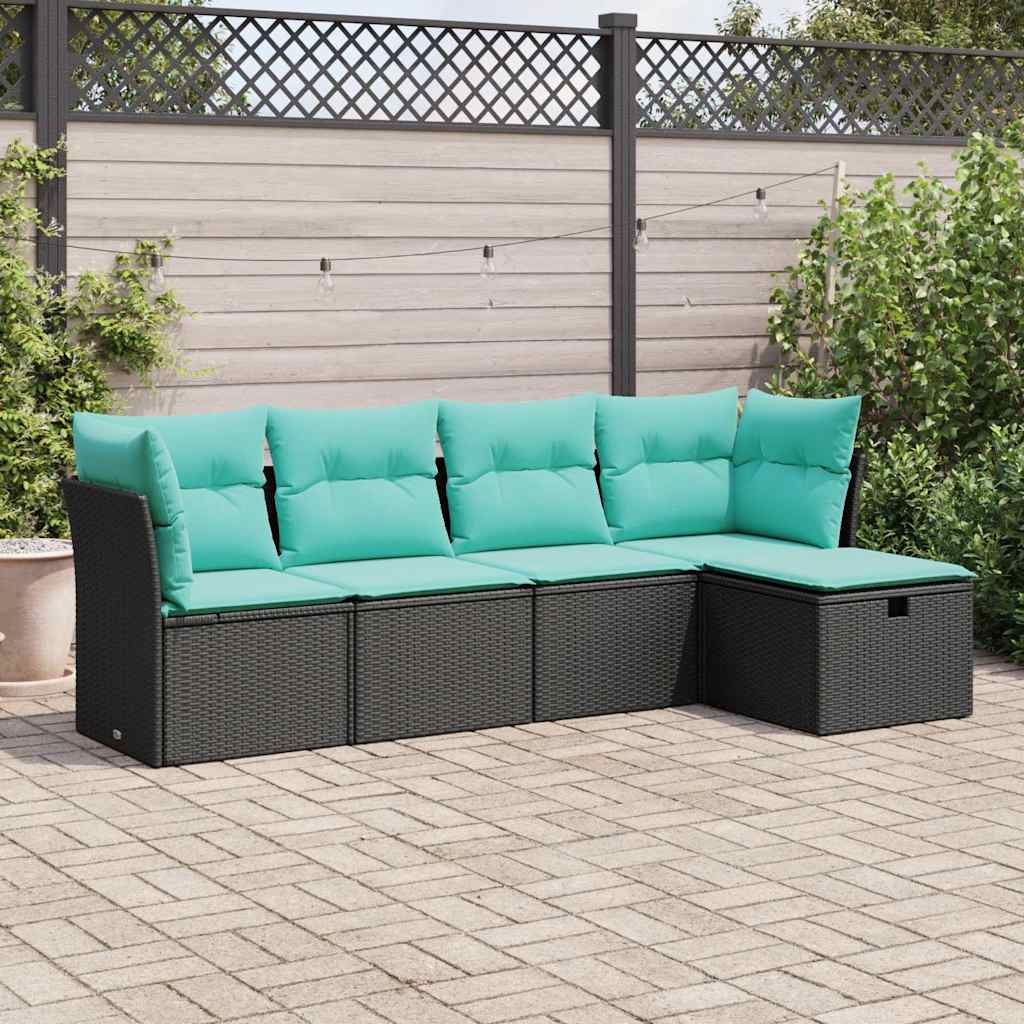 5-tlg. Garten-Sofagarnitur mit Kissen Schwarz Poly Rattan