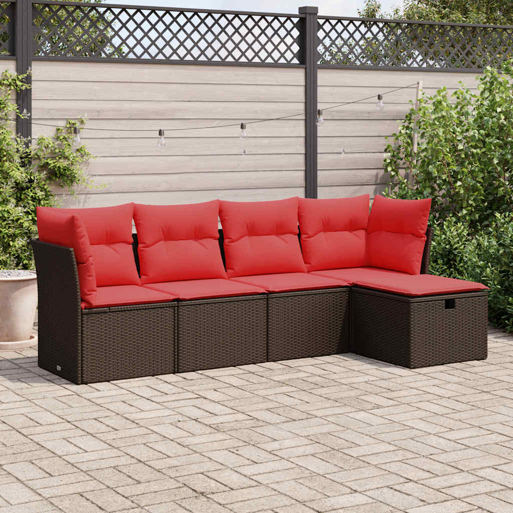 5-tlg. Garten-Sofagarnitur mit Kissen Braun Poly Rattan