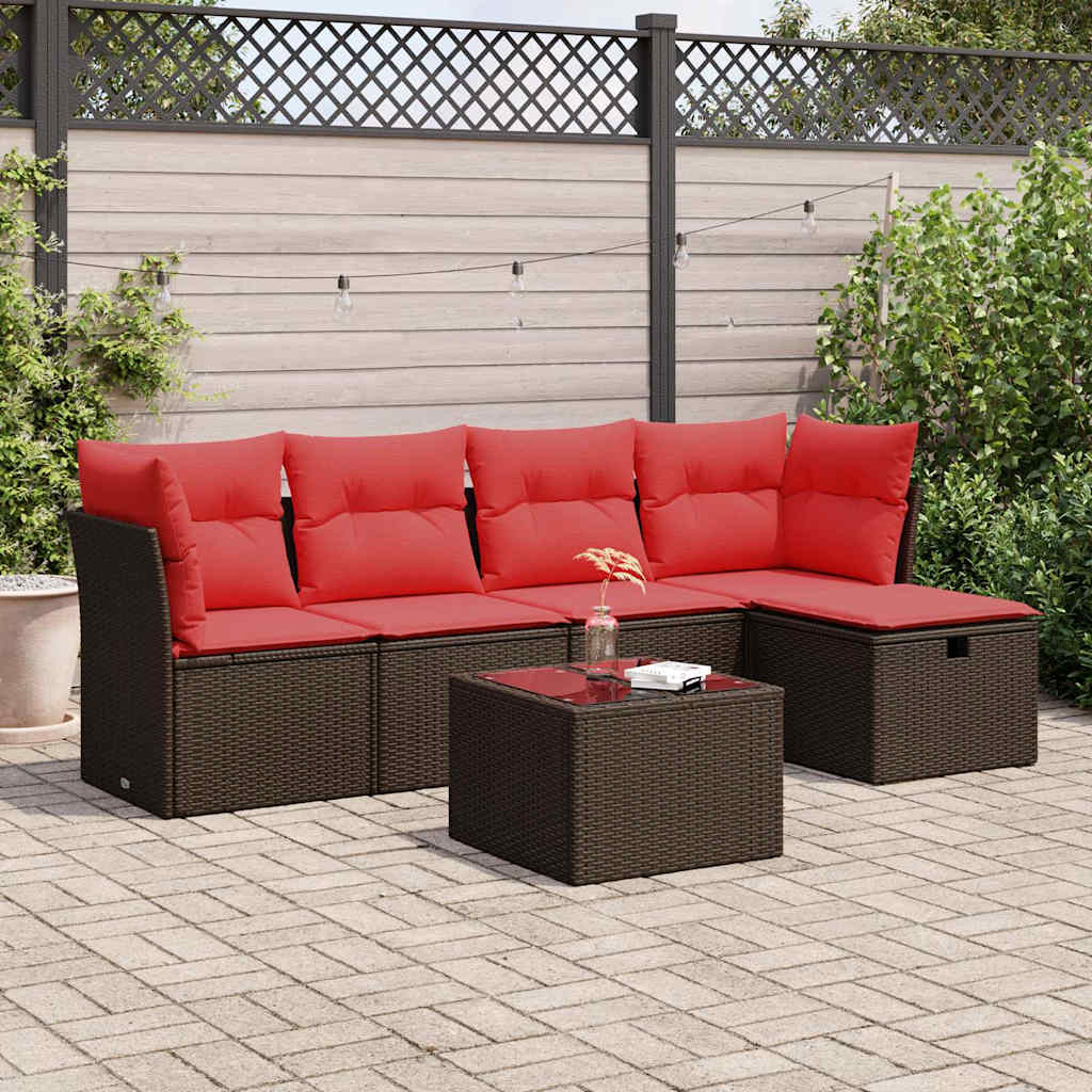 6-tlg. Garten-Sofagarnitur mit Kissen Braun Poly Rattan
