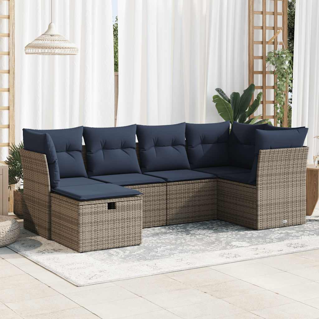 6-tlg. Garten-Sofagarnitur mit Kissen Grau Poly Rattan