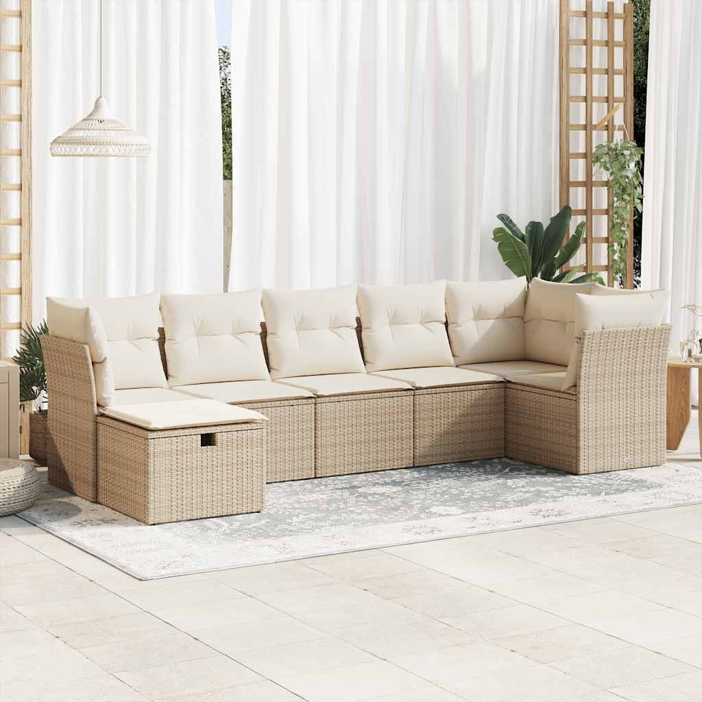7-tlg. Garten-Sofagarnitur mit Kissen Beige Poly Rattan