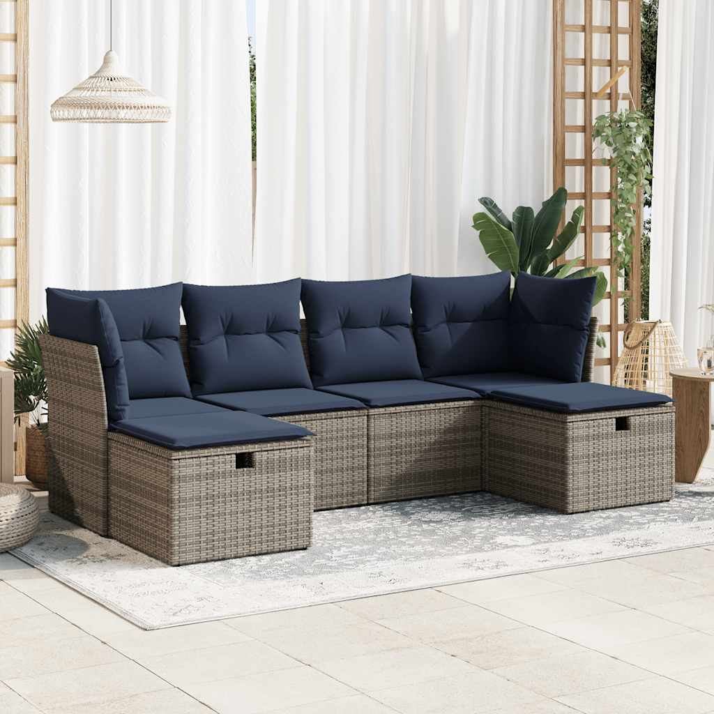 6-tlg. Garten-Sofagarnitur mit Kissen Grau Poly Rattan