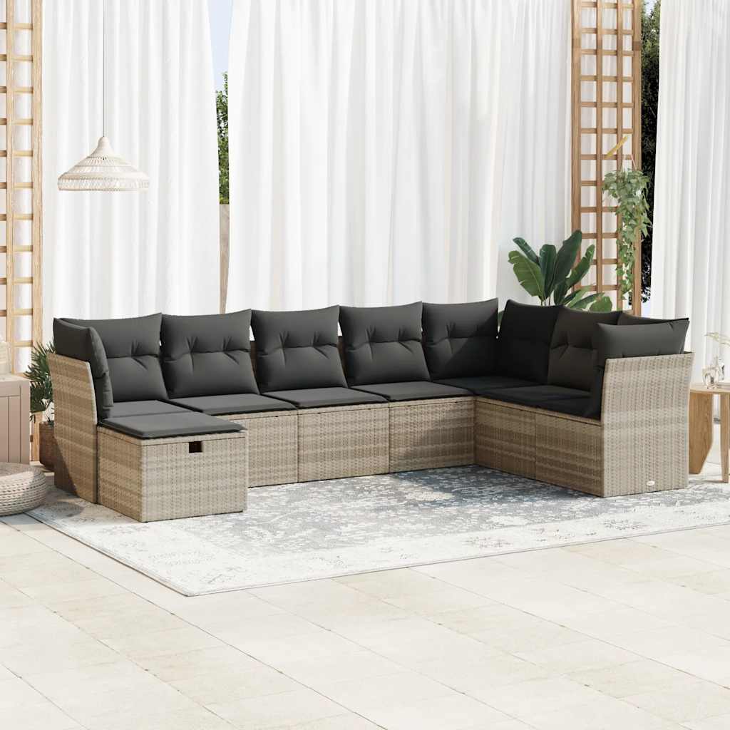 8-tlg. Garten-Sofagarnitur mit Kissen Hellgrau Poly Rattan