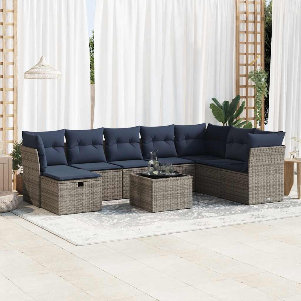 9-tlg. Garten-Sofagarnitur mit Kissen Grau Poly Rattan
