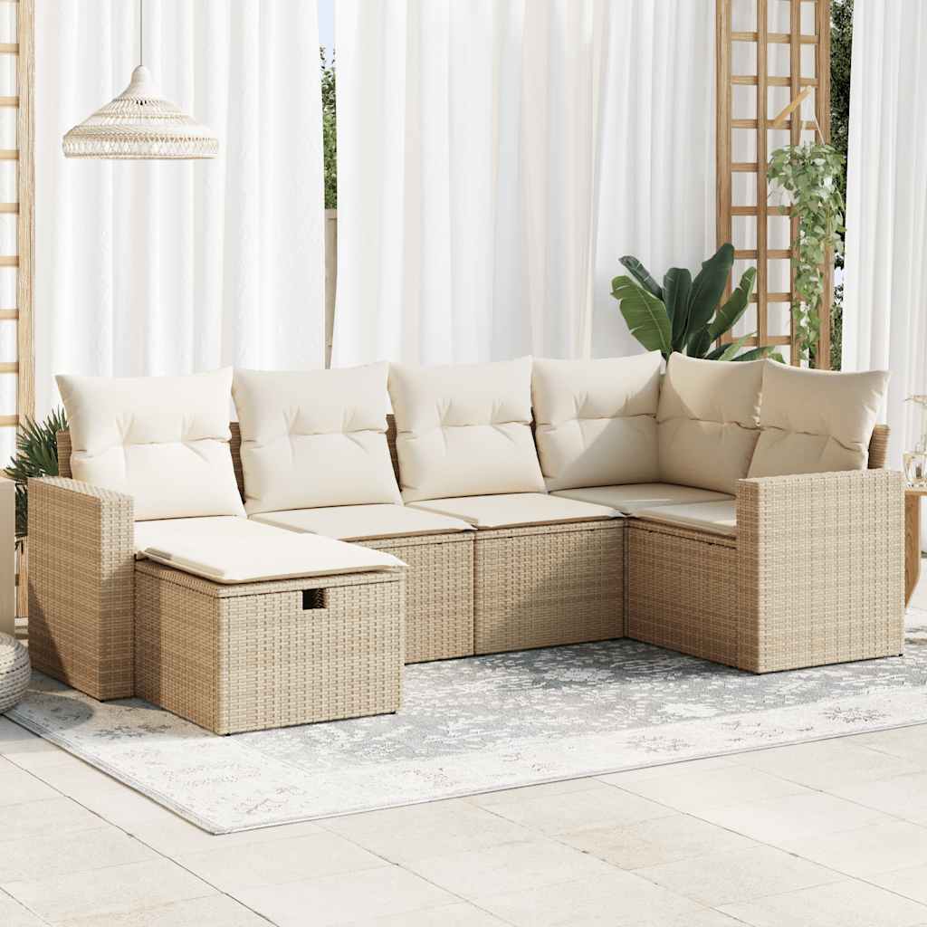 6-tlg. Garten-Sofagarnitur mit Kissen Beige Poly Rattan