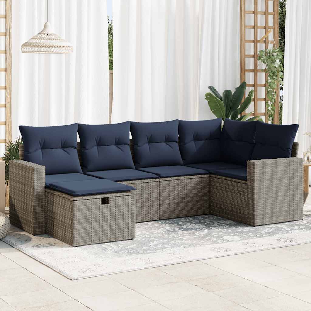 6-tlg. Garten-Sofagarnitur mit Kissen Grau Poly Rattan