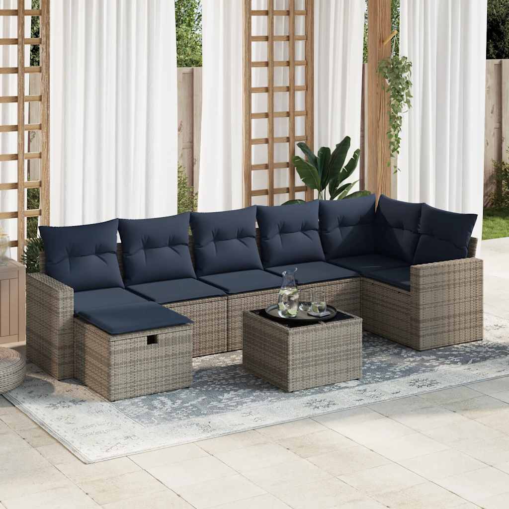 8-tlg. Garten-Sofagarnitur mit Kissen Grau Poly Rattan