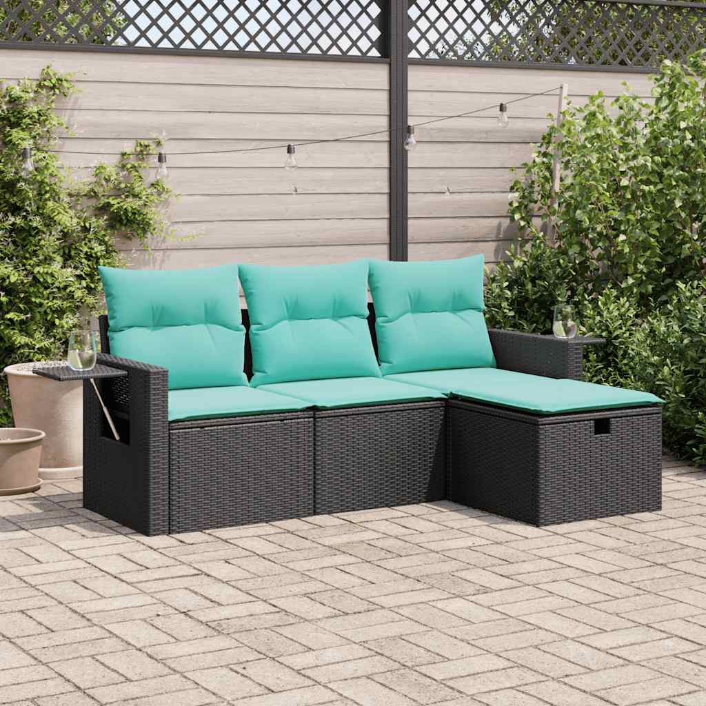 4-tlg. Garten-Sofagarnitur mit Kissen Schwarz Poly Rattan
