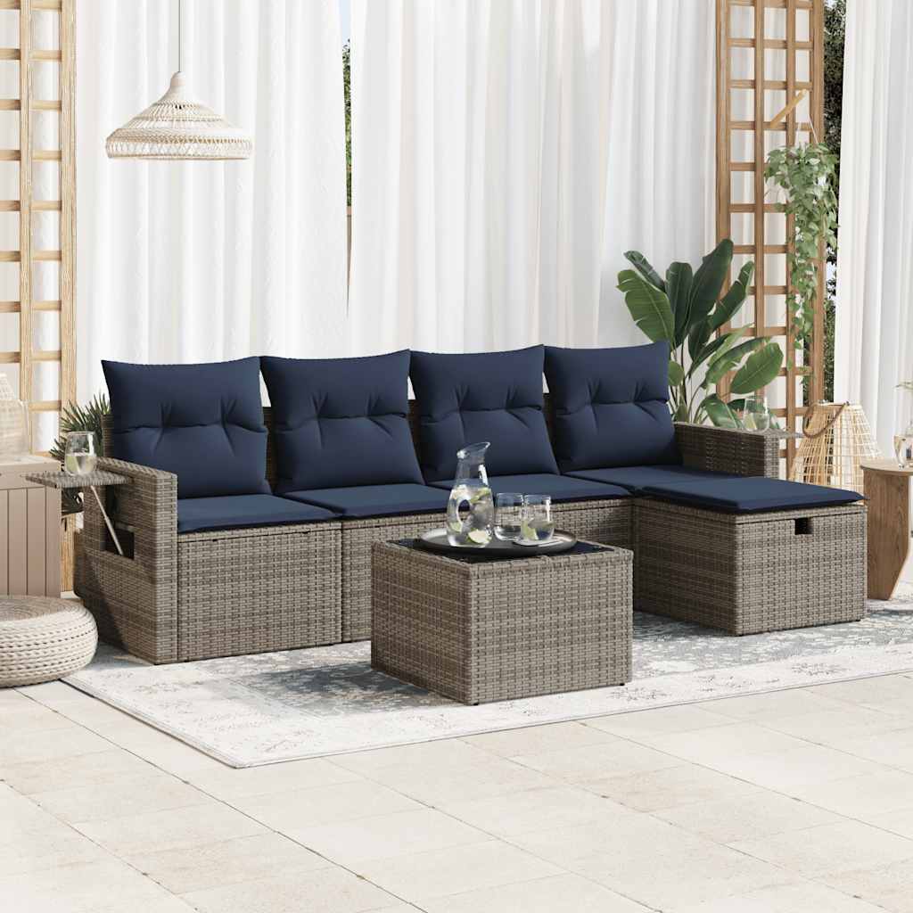 6-tlg. Garten-Sofagarnitur mit Kissen Grau Poly Rattan