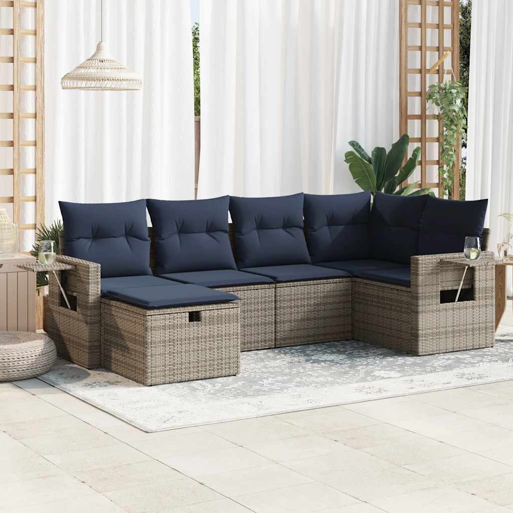 6-tlg. Garten-Sofagarnitur mit Kissen Grau Poly Rattan
