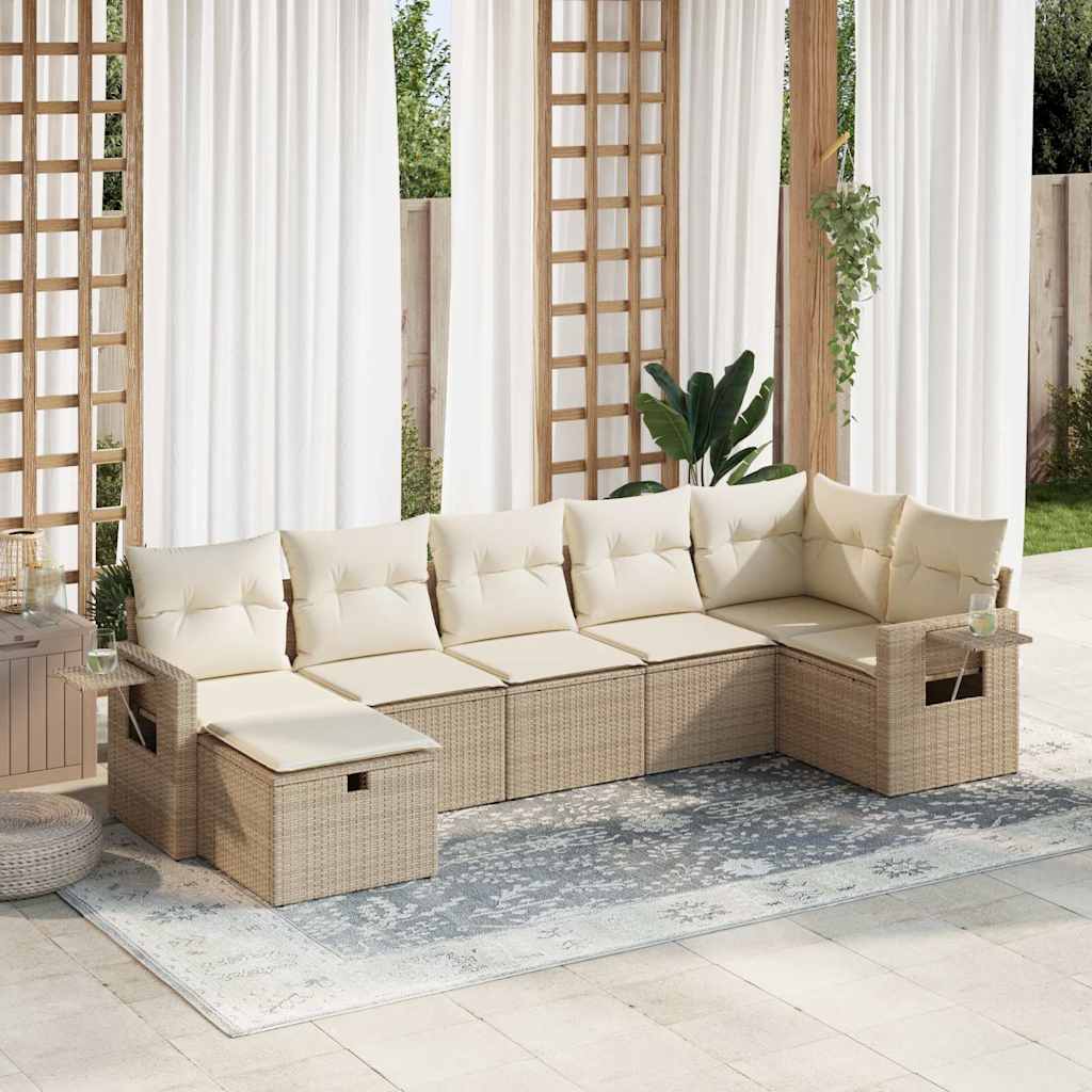 7-tlg. Garten-Sofagarnitur mit Kissen Beige Poly Rattan