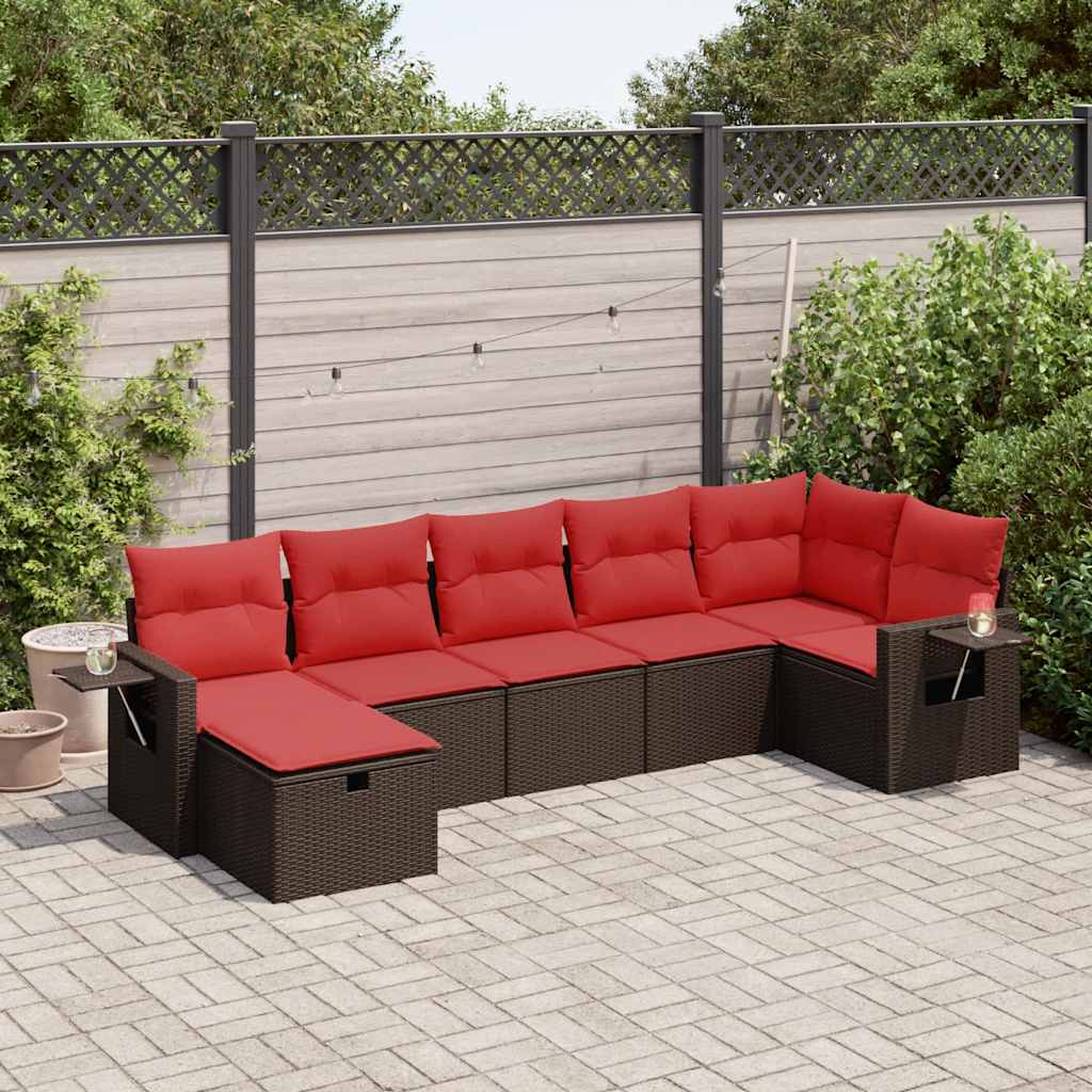 7-tlg. Garten-Sofagarnitur mit Kissen Braun Poly Rattan