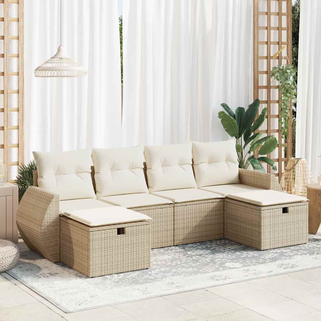 6-tlg. Garten-Sofagarnitur mit Kissen Beige Poly Rattan
