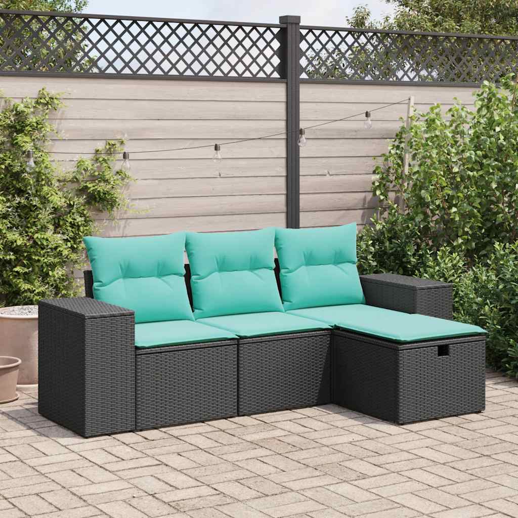 4-tlg. Garten-Sofagarnitur mit Kissen Schwarz Poly Rattan