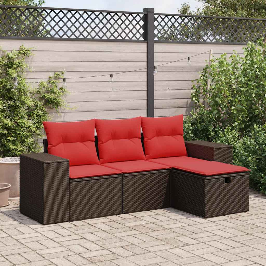4-tlg. Garten-Sofagarnitur mit Kissen Braun Poly Rattan