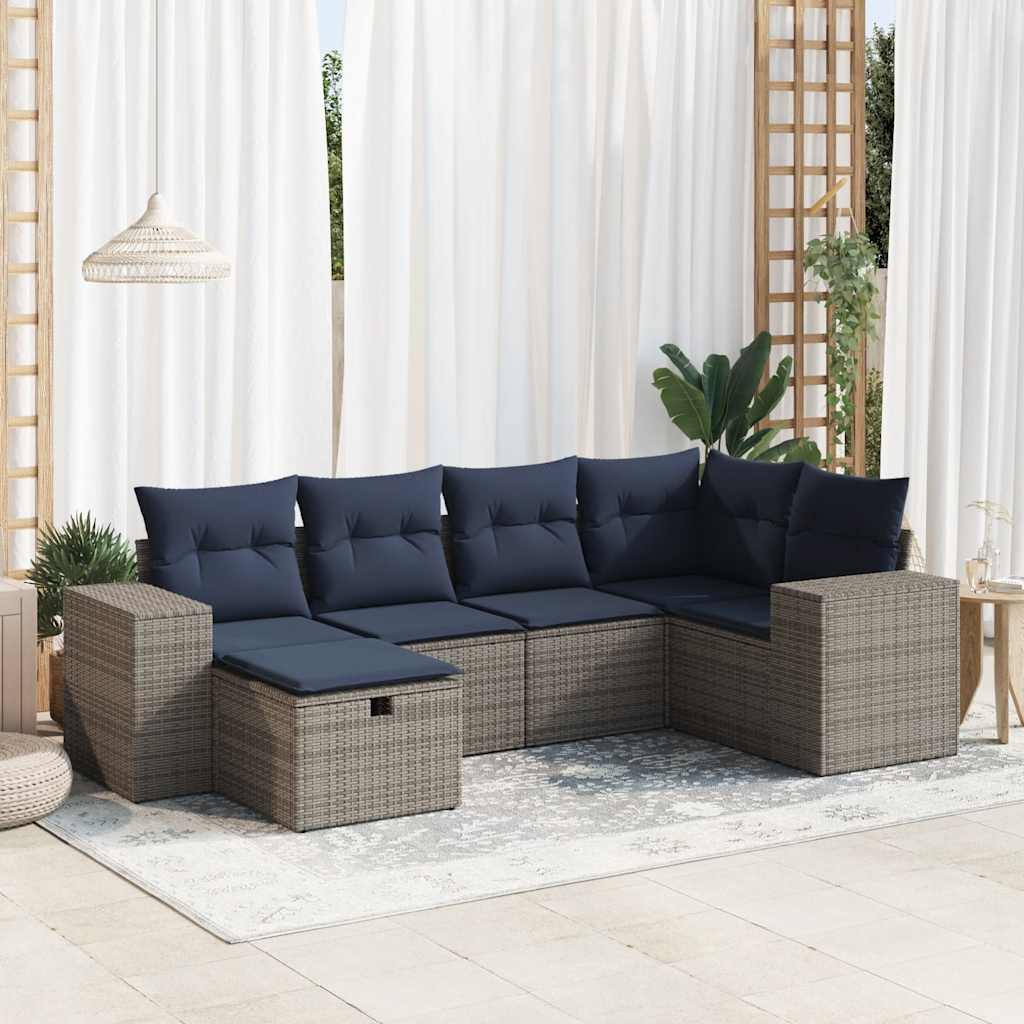 6-tlg. Garten-Sofagarnitur mit Kissen Grau Poly Rattan