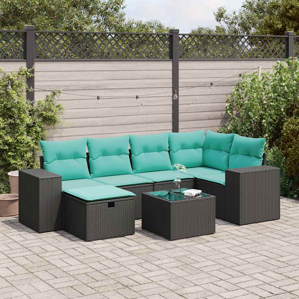7-tlg. Garten-Sofagarnitur mit Kissen Schwarz Poly Rattan