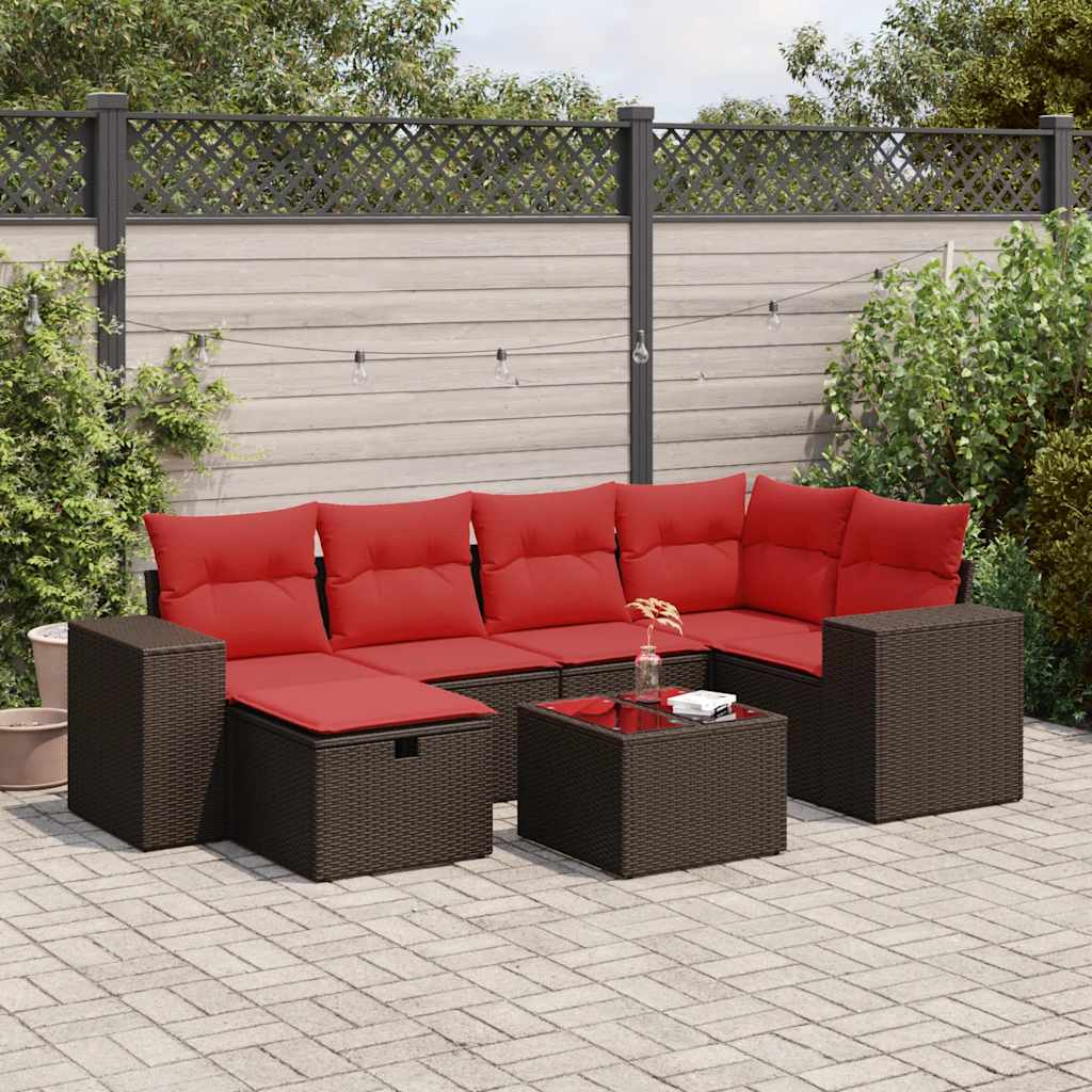 7-tlg. Garten-Sofagarnitur mit Kissen Braun Poly Rattan