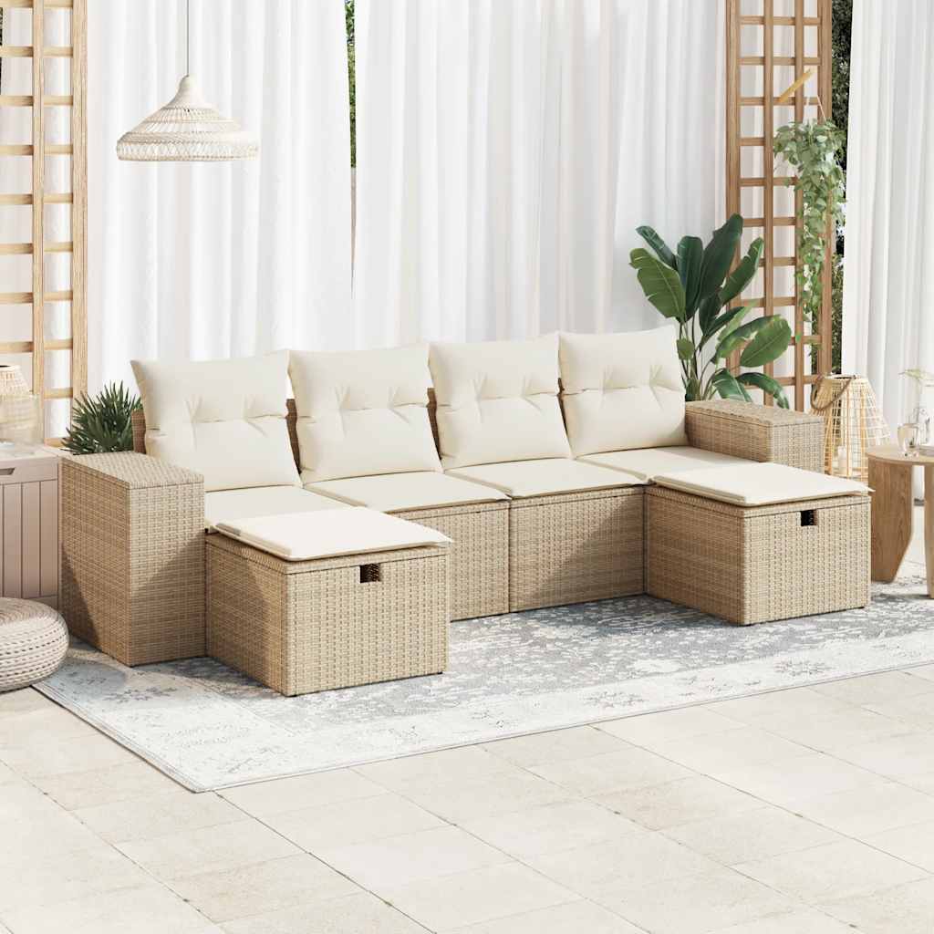 6-tlg. Garten-Sofagarnitur mit Kissen Beige Poly Rattan