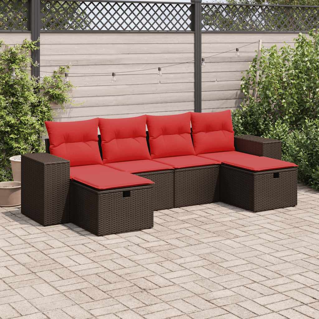 6-tlg. Garten-Sofagarnitur mit Kissen Braun Poly Rattan