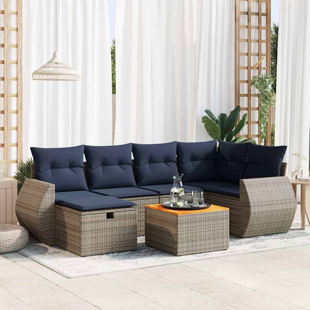 7-tlg. Garten-Sofagarnitur mit Kissen Grau Poly Rattan