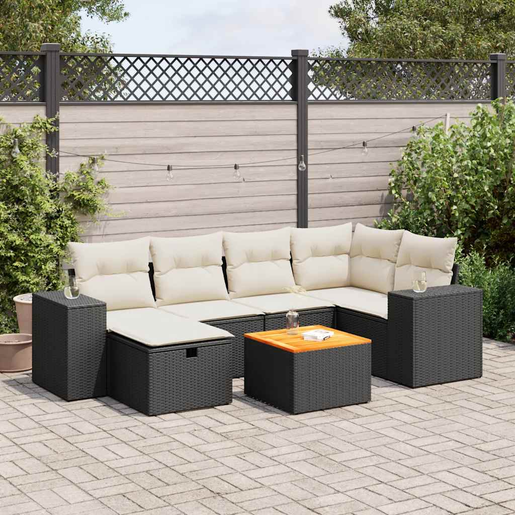 7-tlg. Garten-Sofagarnitur mit Kissen Schwarz Poly Rattan