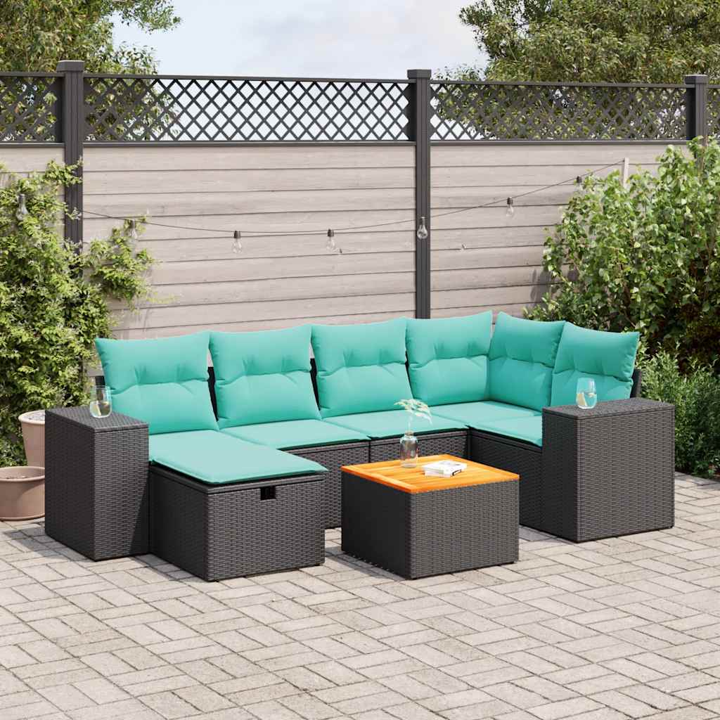 7-tlg. Garten-Sofagarnitur mit Kissen Schwarz Poly Rattan