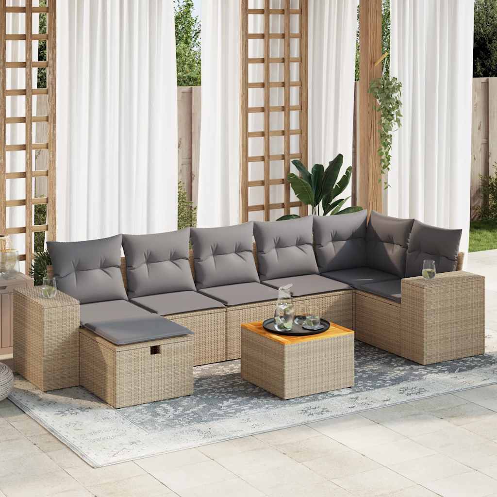 8-tlg. Garten-Sofagarnitur mit Kissen Beige Poly Rattan