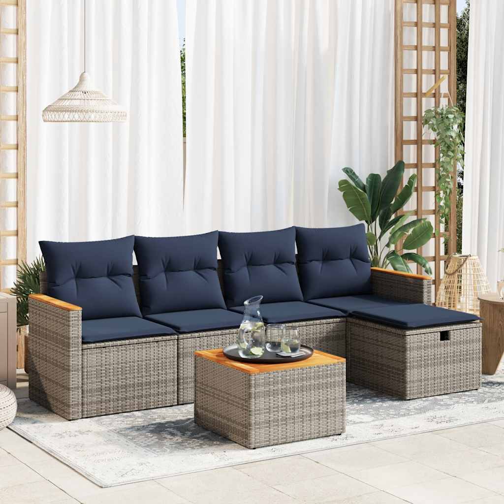 6-tlg. Garten-Sofagarnitur mit Kissen Grau Poly Rattan
