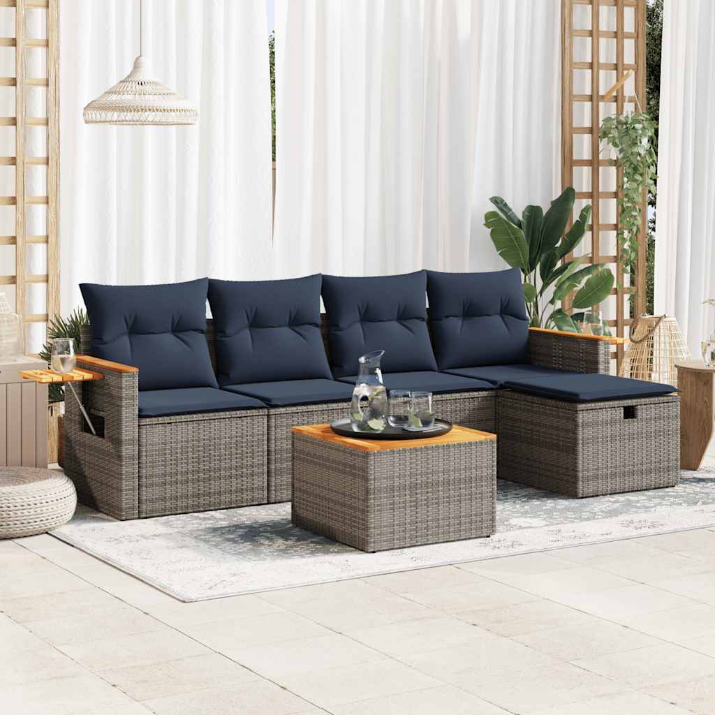 6-tlg. Garten-Sofagarnitur mit Kissen Grau Poly Rattan
