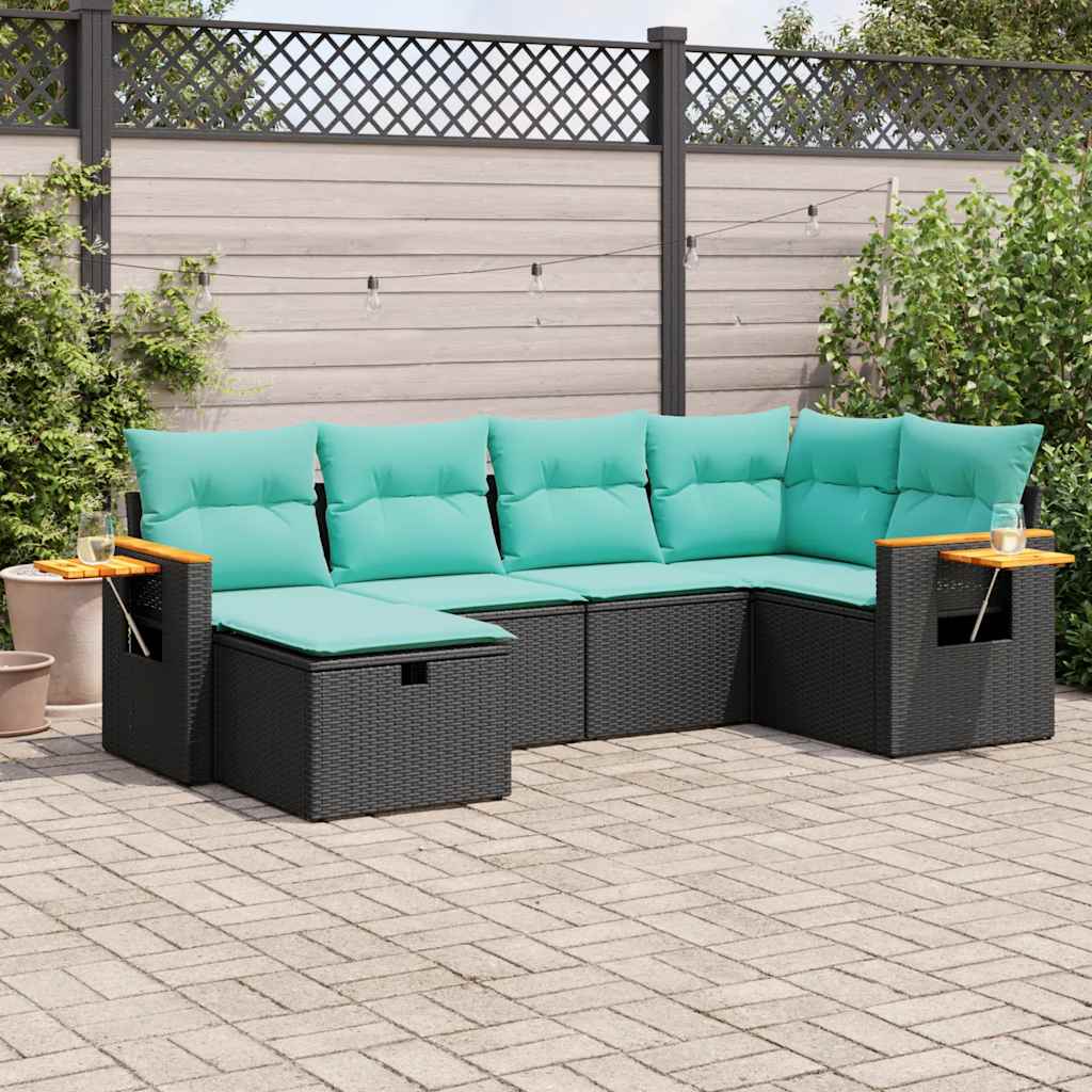 6-tlg. Garten-Sofagarnitur mit Kissen Schwarz Poly Rattan