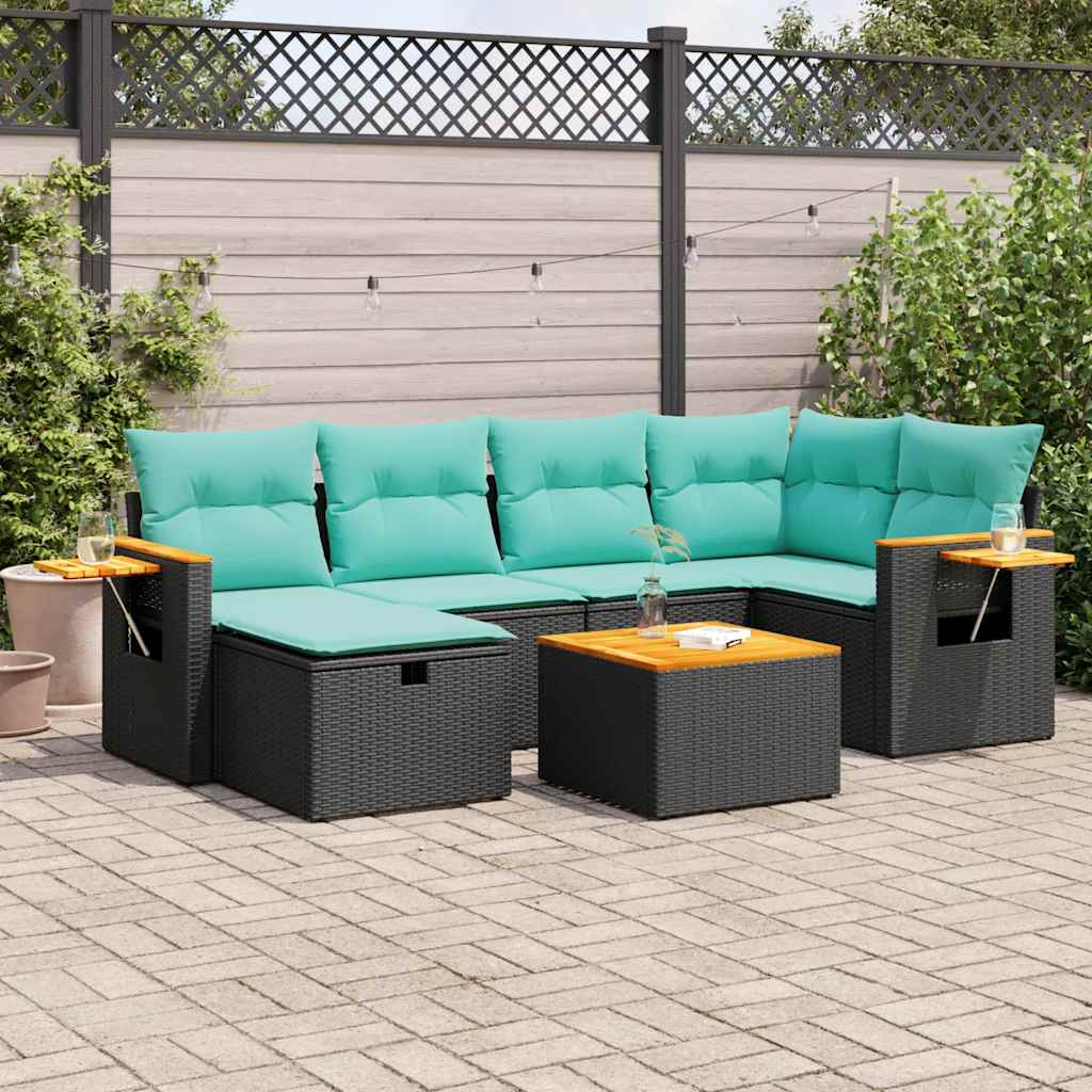 7-tlg. Garten-Sofagarnitur mit Kissen Schwarz Poly Rattan