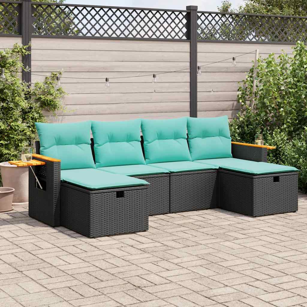 6-tlg. Garten-Sofagarnitur mit Kissen Schwarz Poly Rattan