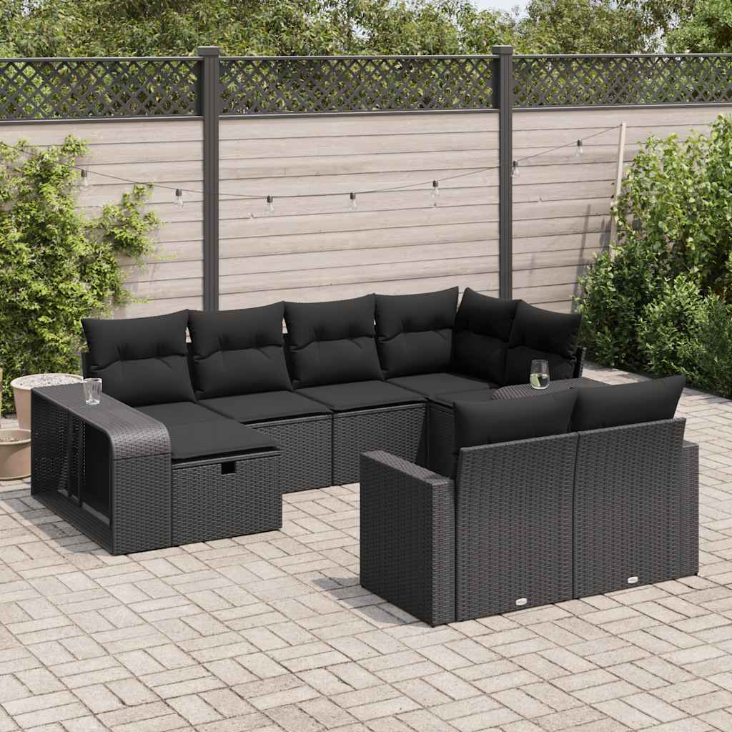 10-tlg. Garten-Sofagarnitur mit Kissen Schwarz Poly Rattan