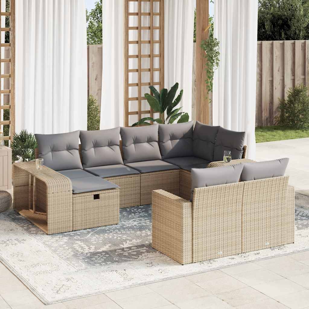 10-tlg. Garten-Sofagarnitur mit Kissen Beige Poly Rattan