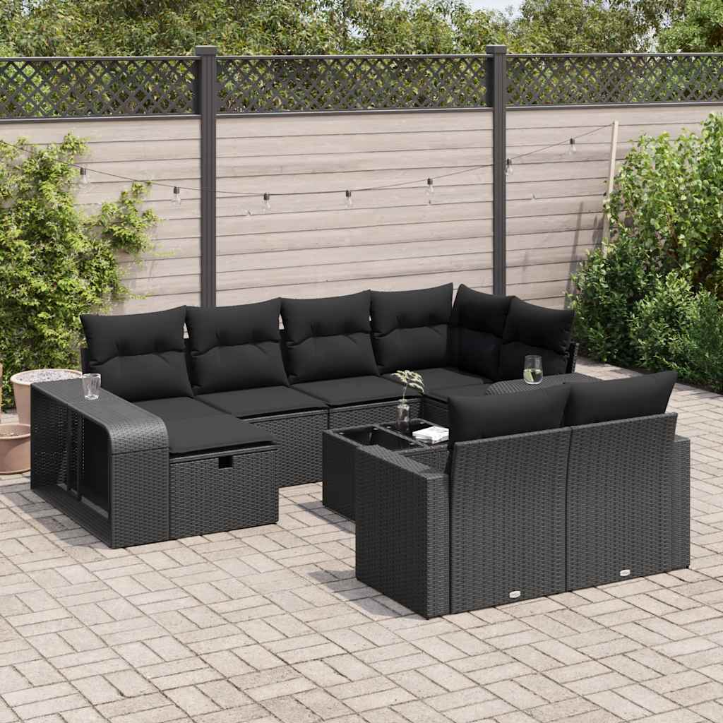 11-tlg. Garten-Sofagarnitur mit Kissen Schwarz Poly Rattan