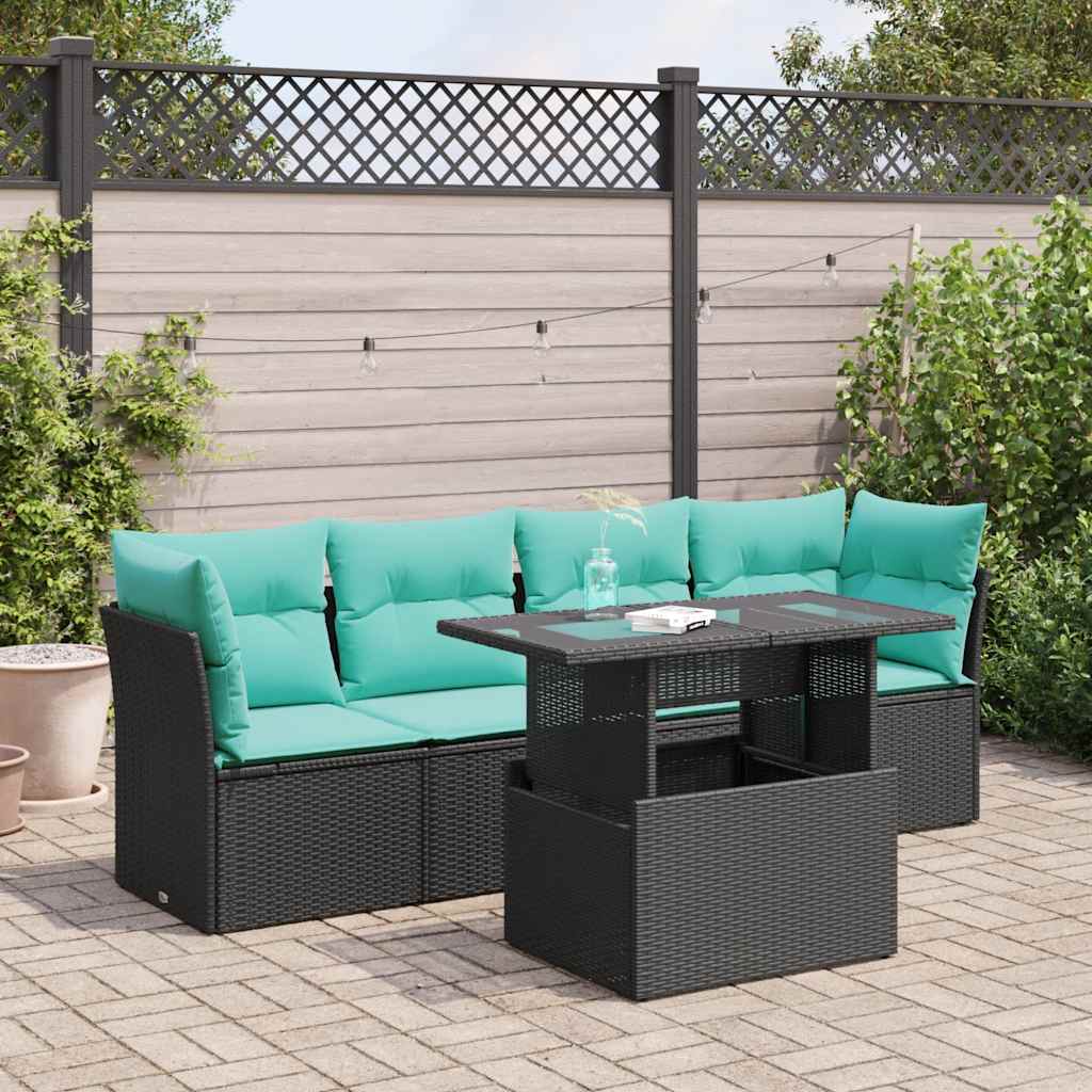 5tlg. Garten-Sofagarnitur mit Kissen Schwarz Poly Rattan Akazie