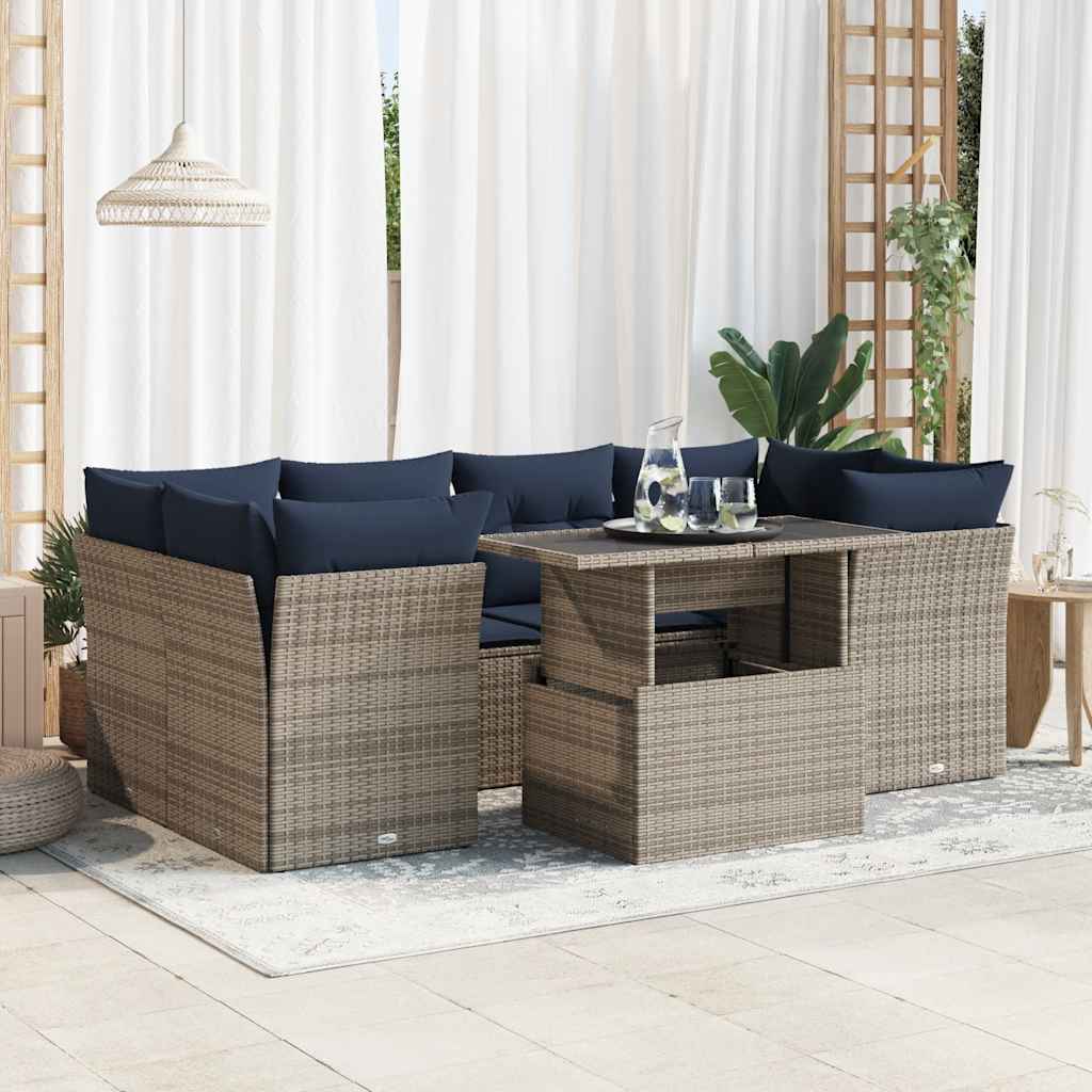 7-tlg. Garten-Sofagarnitur mit Kissen Grau Poly Rattan Akazie