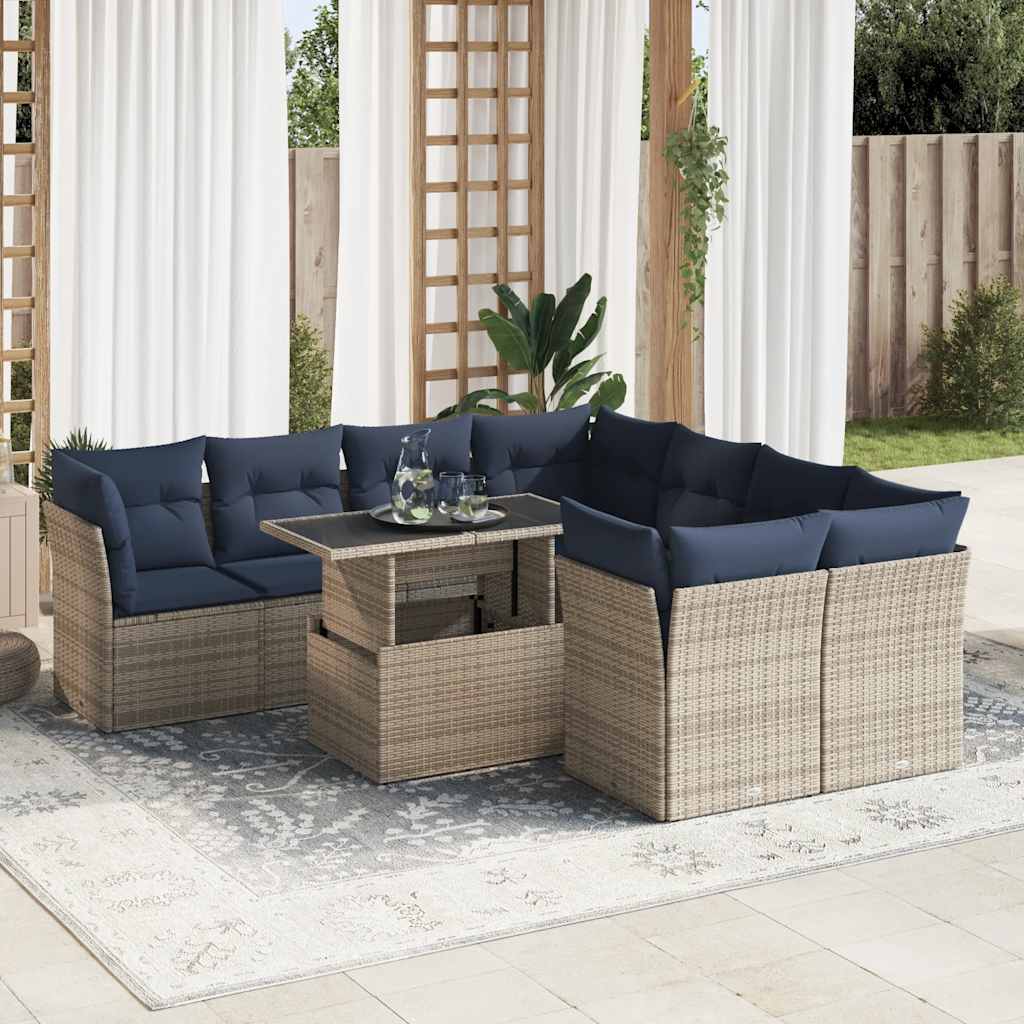 9-tlg. Garten-Sofagarnitur mit Kissen Grau Poly Rattan Akazie