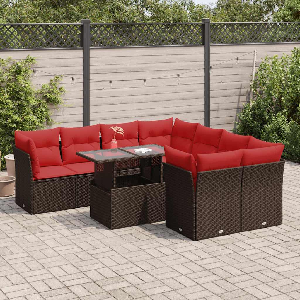 9-tlg. Garten-Sofagarnitur mit Kissen Braun Poly Rattan Akazie