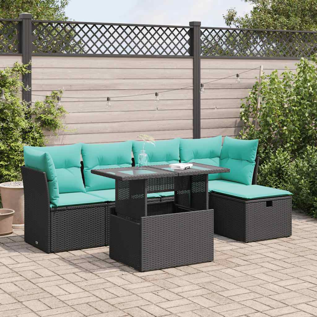 6-tlg. Garten-Sofagarnitur mit Kissen Schwarz Poly Rattan