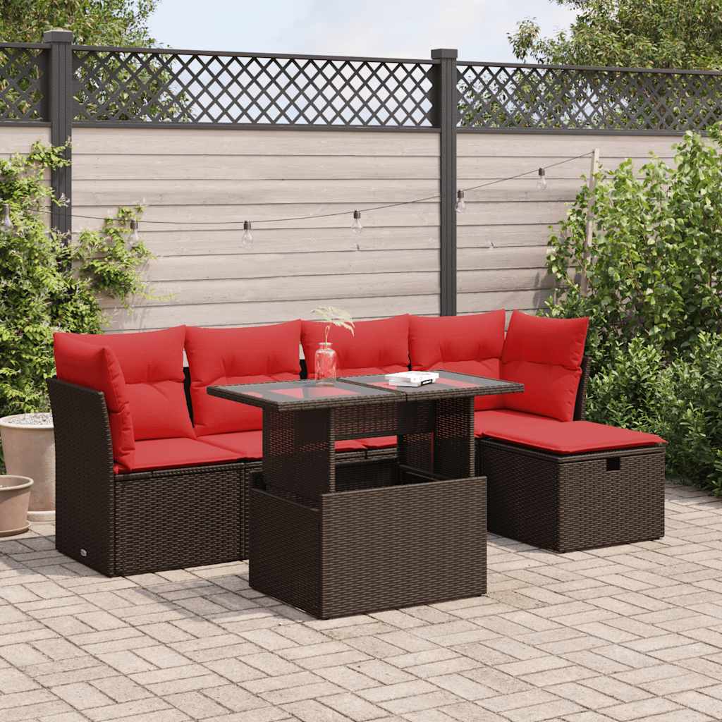 6-tlg. Garten-Sofagarnitur mit Kissen Braun Poly Rattan Akazie