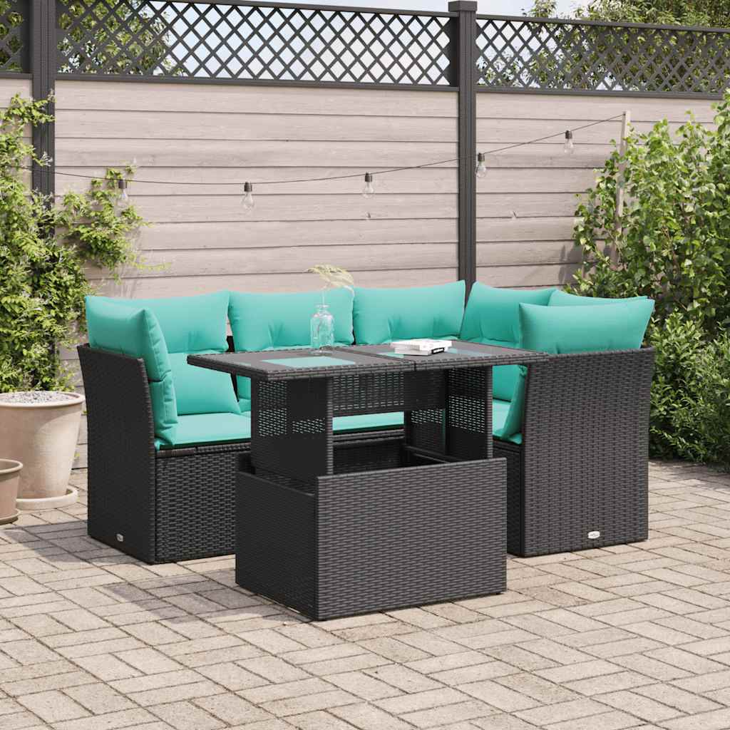 5tlg. Garten-Sofagarnitur mit Kissen Schwarz Poly Rattan Akazie