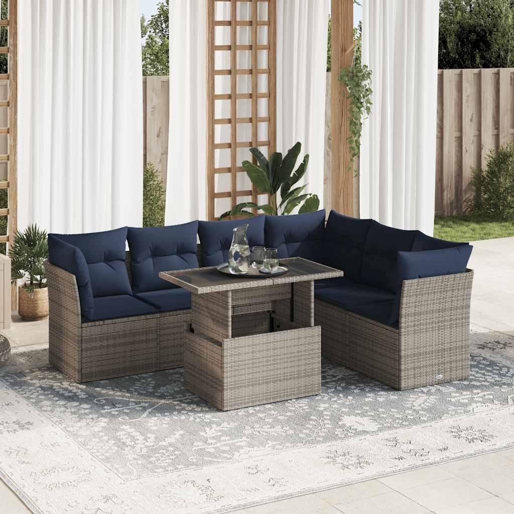 7-tlg. Garten-Sofagarnitur mit Kissen Schwarz Poly Rattan