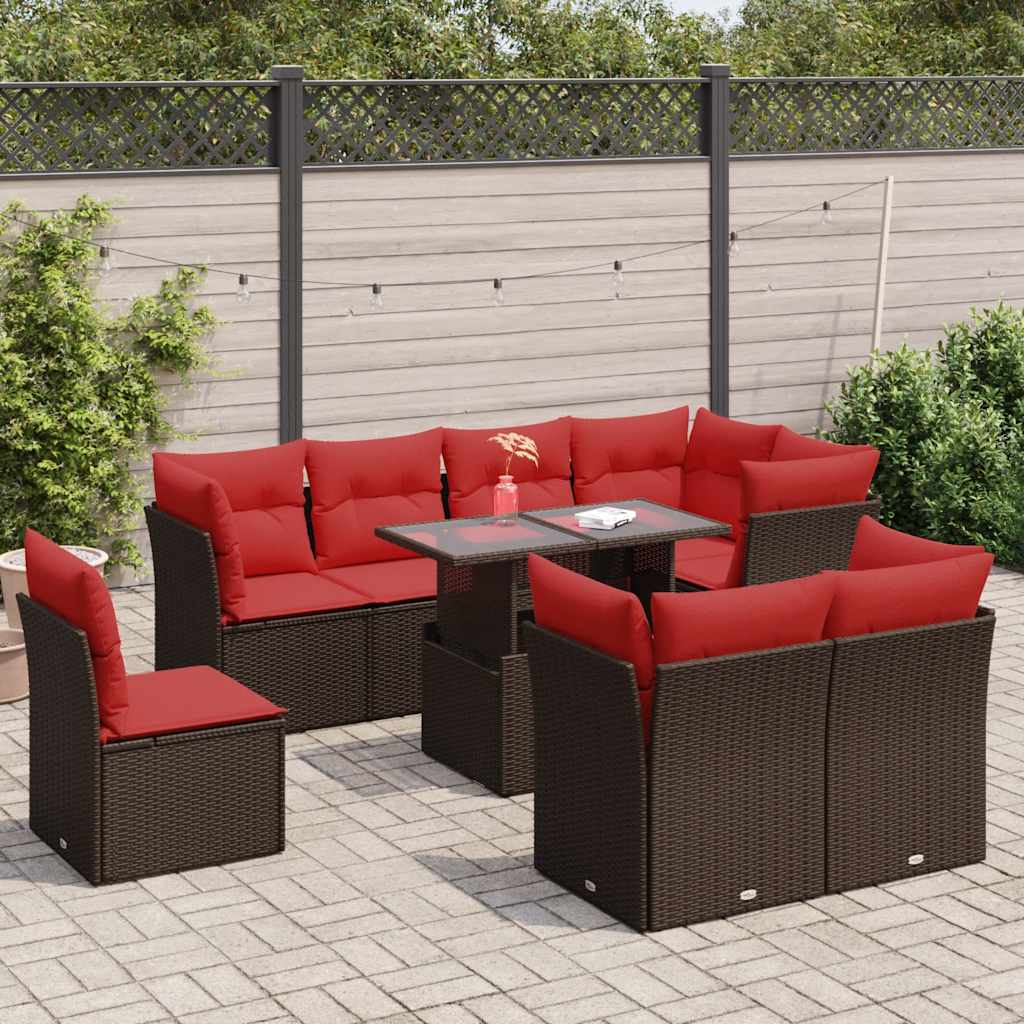 9-tlg. Garten-Sofagarnitur mit Kissen Braun Poly Rattan Akazie