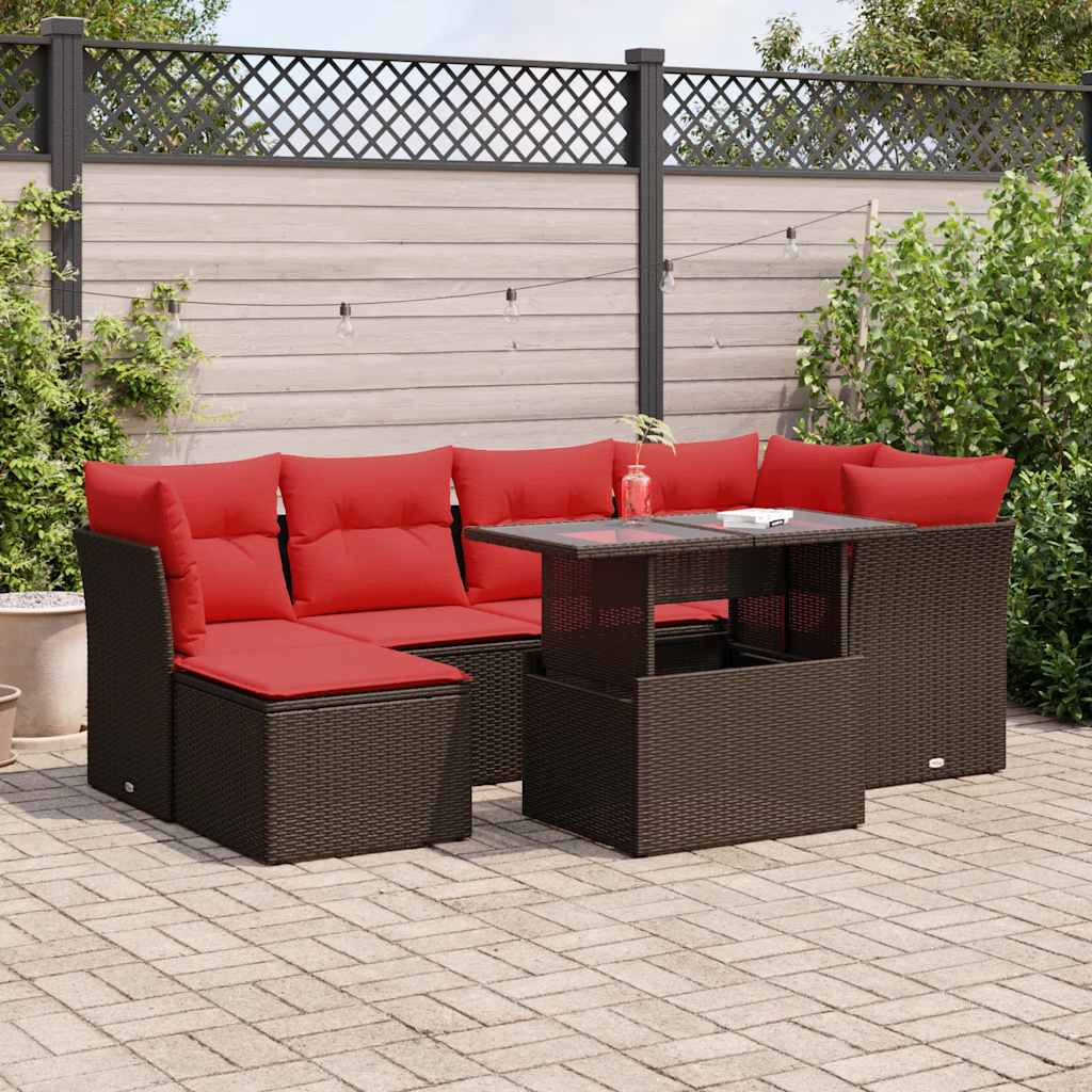 7-tlg. Garten-Sofagarnitur mit Kissen Braun Poly Rattan Akazie