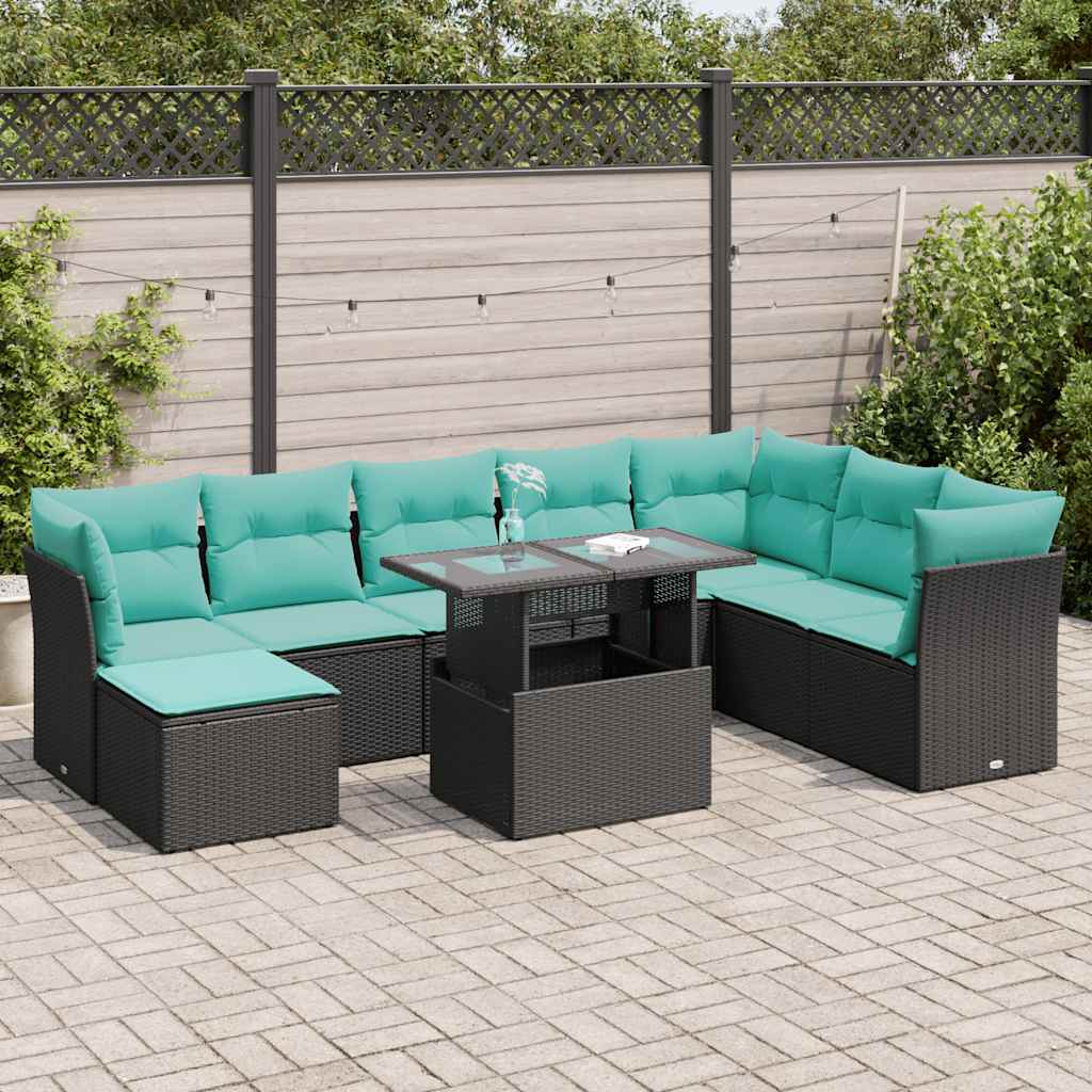 9-tlg. Garten-Sofagarnitur mit Kissen Schwarz Poly Rattan