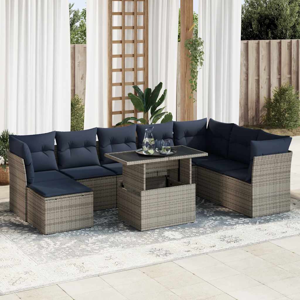 9-tlg. Garten-Sofagarnitur mit Kissen Grau Poly Rattan Akazie